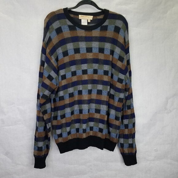 Norm Thompson Wool Sweater Men's XL Colorful 3-D Knit Square Pullover Crewneck - Picture 1 of 11